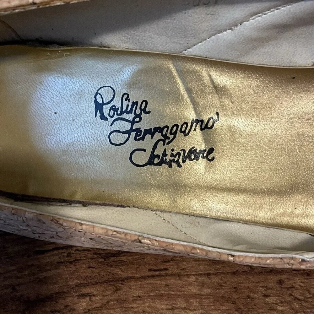 Vintage 1980s Rosina Ferragamo Schiavone Womens Wedge Heel Sz 9 Tan Cork Studded